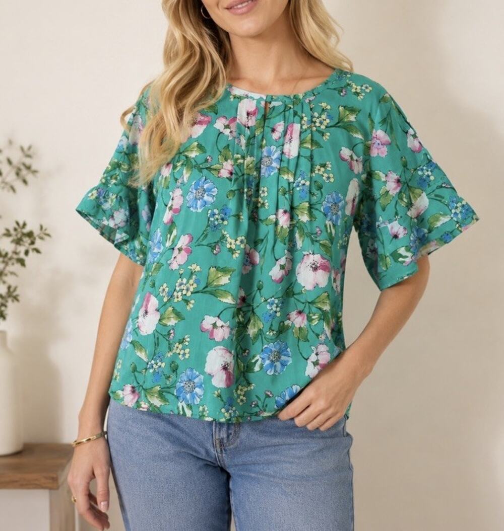 Sara Michelle Floral Flutter Sleeve Top Blouse Size XL Green Cottagecore
